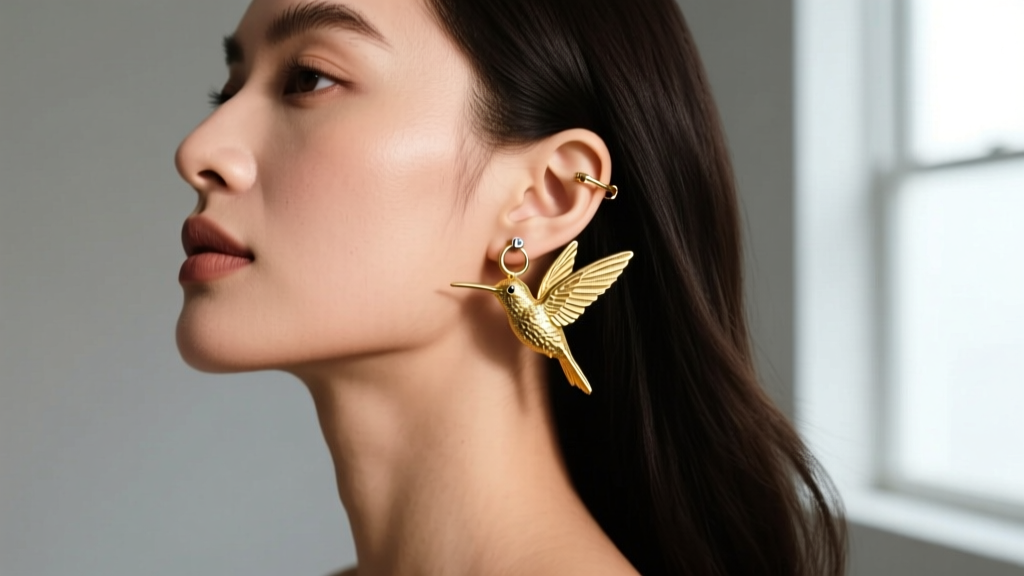 Woman wearing a 16-gauge gold hummingbird ear cuff climbing the helix cartilage, highlighting the secure C-ring clasp mechanism