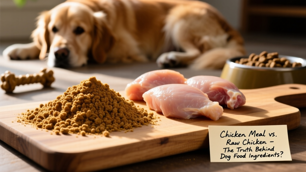 Close-up of golden-brown chicken meal powder next to raw chicken pieces, illustrating the difference in moisture and density