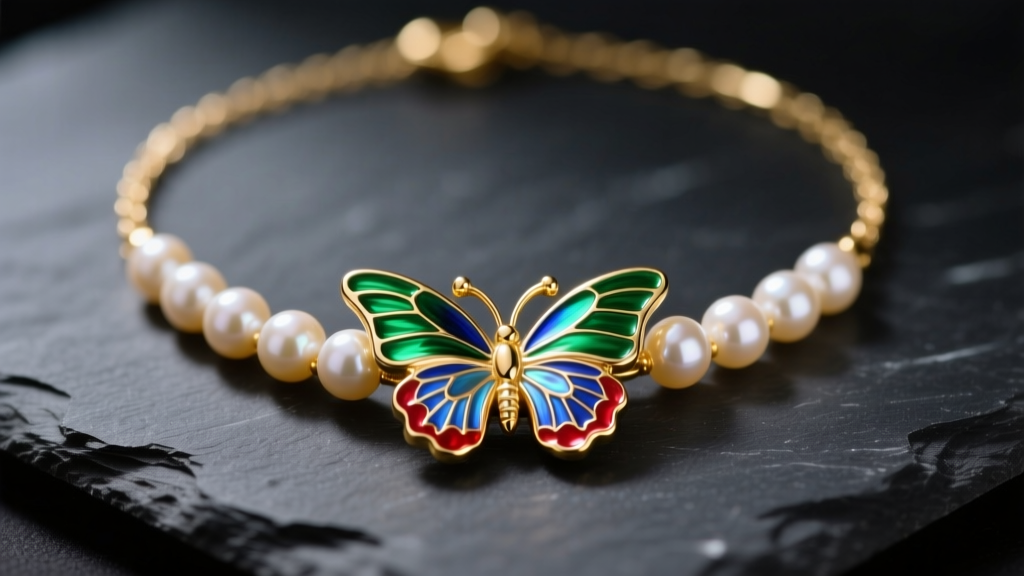 Close-up of a gold butterfly pearl necklace on dark slate, showing iridescent nacre and detailed enamel wings in soft lighting