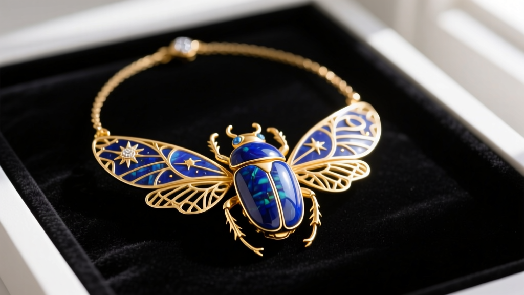 Macro shot of an 18k gold scarab beetle necklace on dark velvet, showing carved lapis lazuli wings and fine filigree details