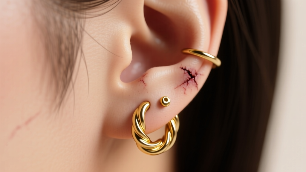 Side profile of a healed helix piercing wearing an 8mm gold twisted huggie hoop, soft studio lighting against a neutral background.