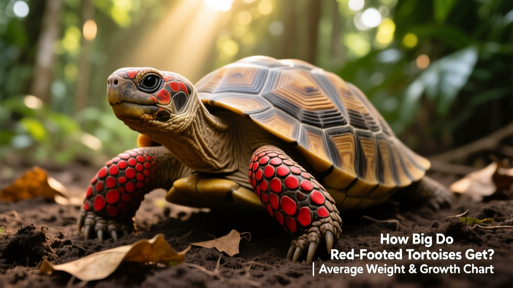 Close-up of a healthy adult red-footed tortoise on natural substrate, showing distinctive red scales on its legs