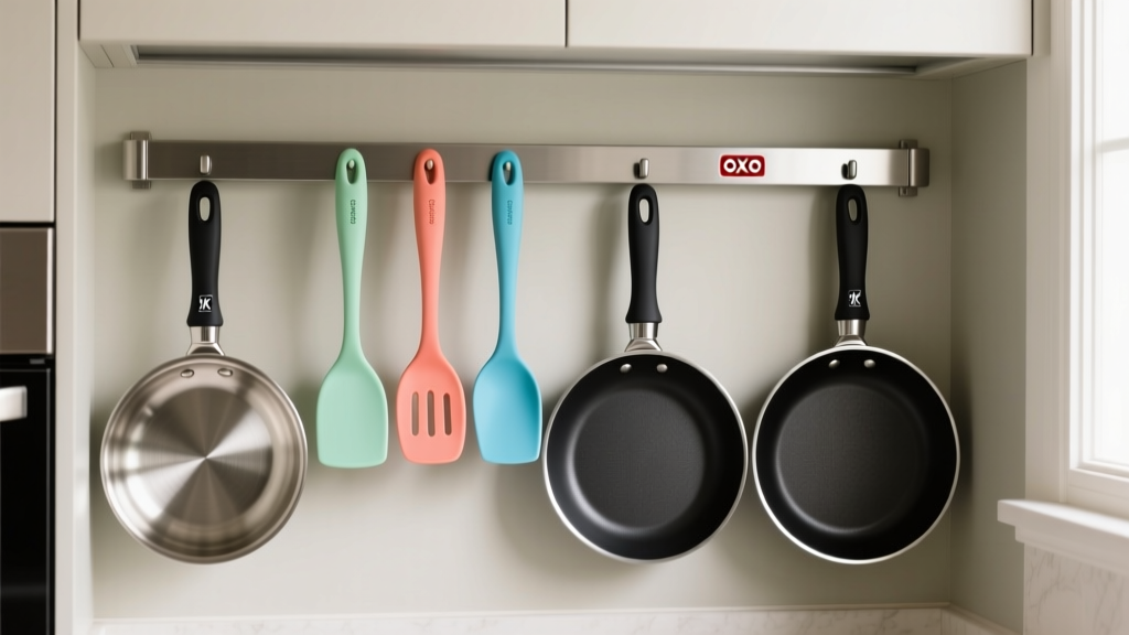 Organized kitchen drawer with OXO Good Grips silicone spatulas and Zwilling non-stick frying pans hanging on a modern magnetic wall rack