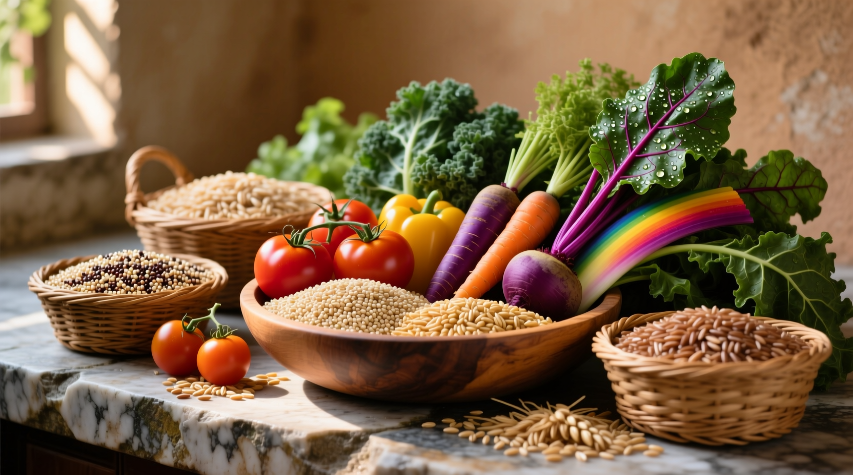 Colorful assortment of whole grain foods and fresh produce