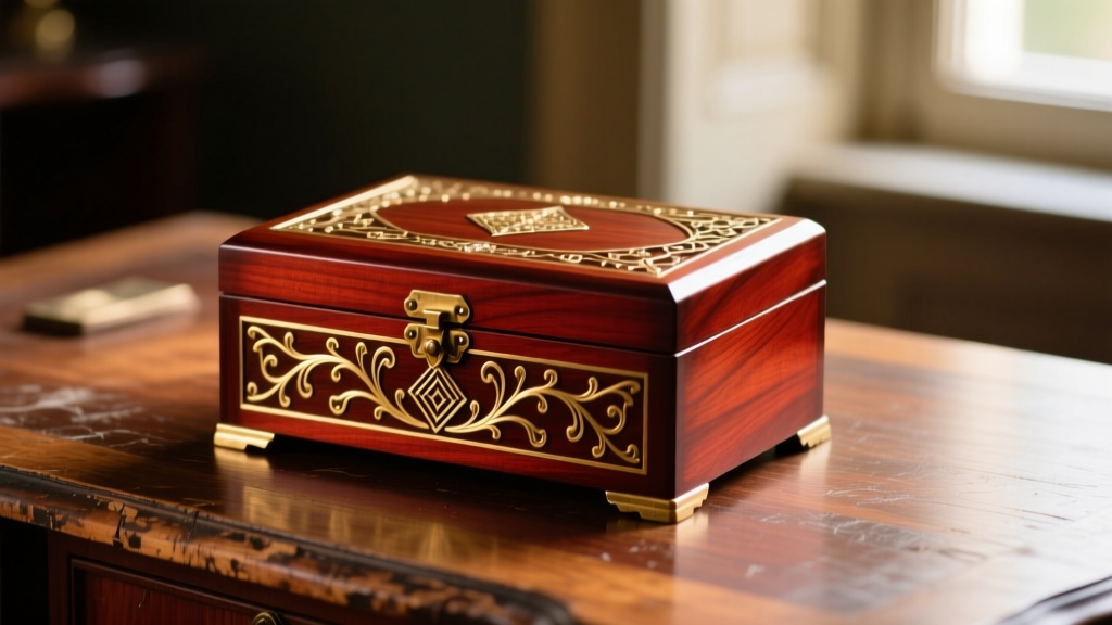 A restored mahogany wooden jewelry box vintage piece with brass inlay, resting on an oak desk under soft warm lighting.
