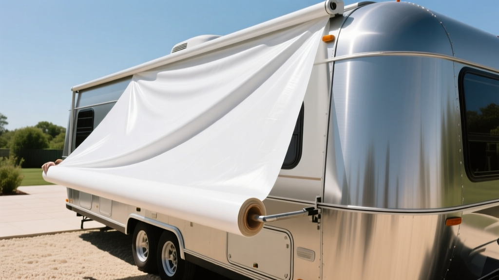 White TPO rubber membrane being rolled out and adhered to the curved roof of a modern travel trailer RV in bright sunlight