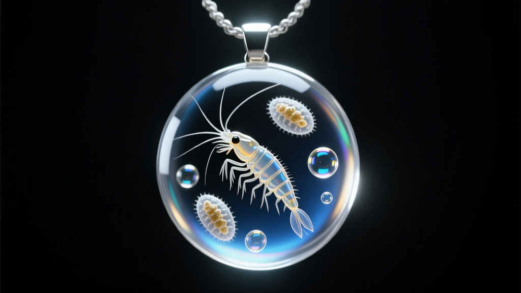 Macro shot of bio-resin pendant displaying suspended brine shrimp cysts and micro-bubbles under bright focused LED studio light