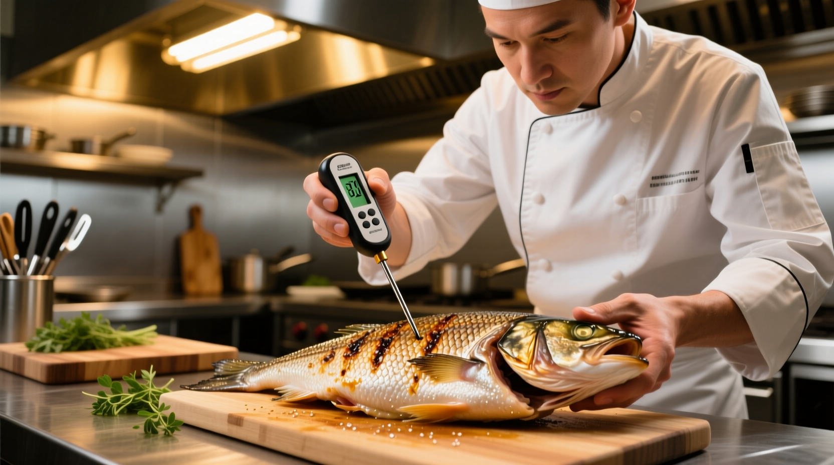 Chef checking fish doneness with thermometer