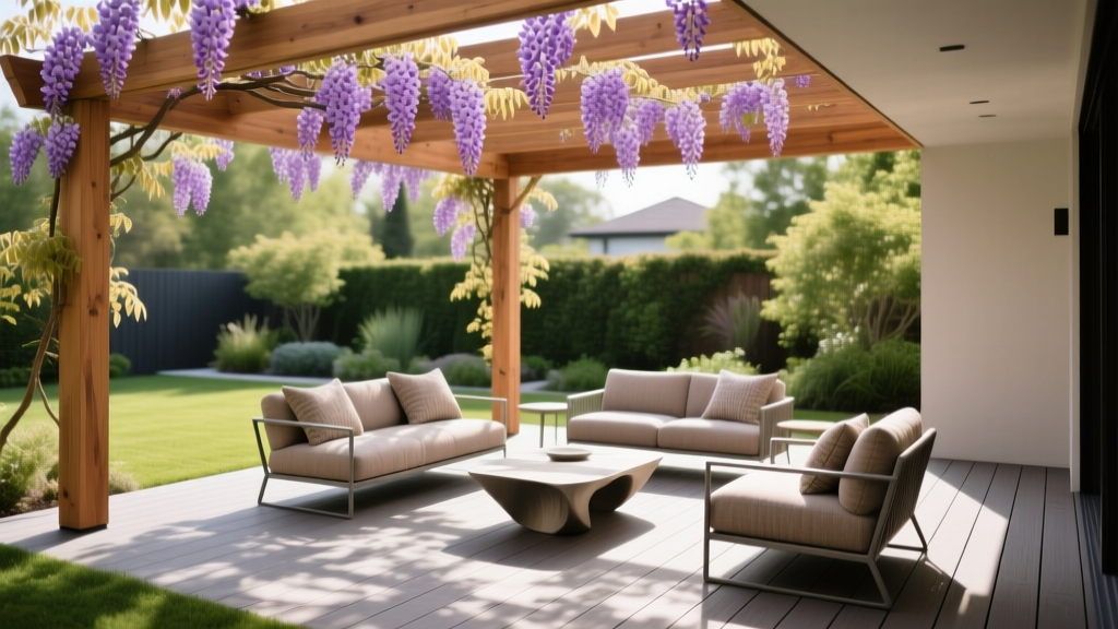 Backyard cedar pergola with climbing wisteria casting dappled shadows over a modern composite deck and outdoor lounge furniture