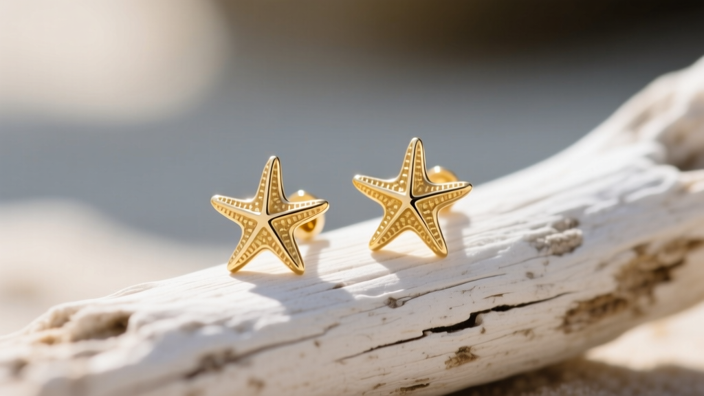Macro shot of 14k gold starfish stud earrings with matte finish resting on white driftwood, illuminated by soft natural sunlight