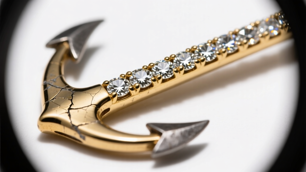 Loupe view of worn shared prongs on a melee diamond anchor fluke, contrasting with secure bead-set diamonds on the gold shank.
