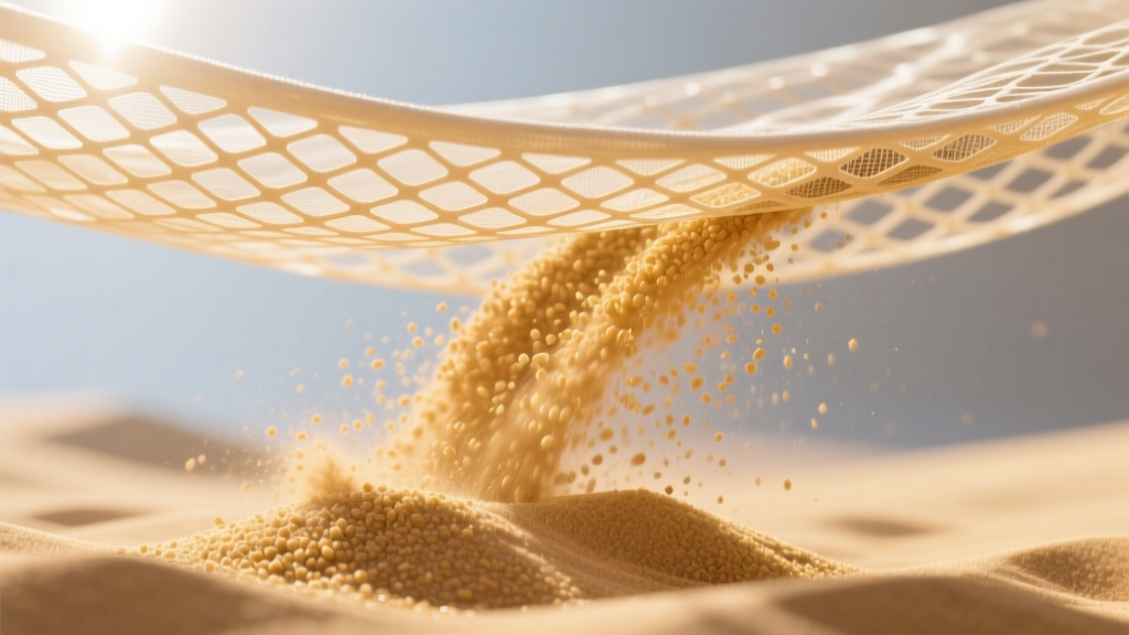 Close-up of sand falling through dual-layer polyurethane mesh of a beach blanket, leaving the top surface completely clean.