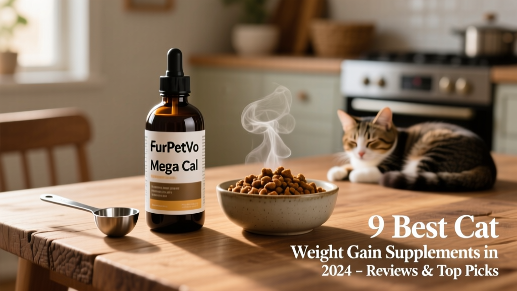 Bottle of FurPetVo Mega Cal liquid supplement next to a measuring spoon and a bowl of moist cat food