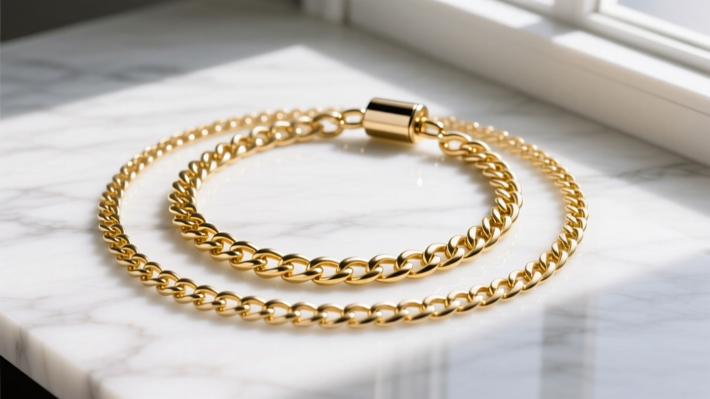 Flat lay of three layered gold chains secured by a magnetic spacer clasp to prevent tangles, resting on a white marble surface.