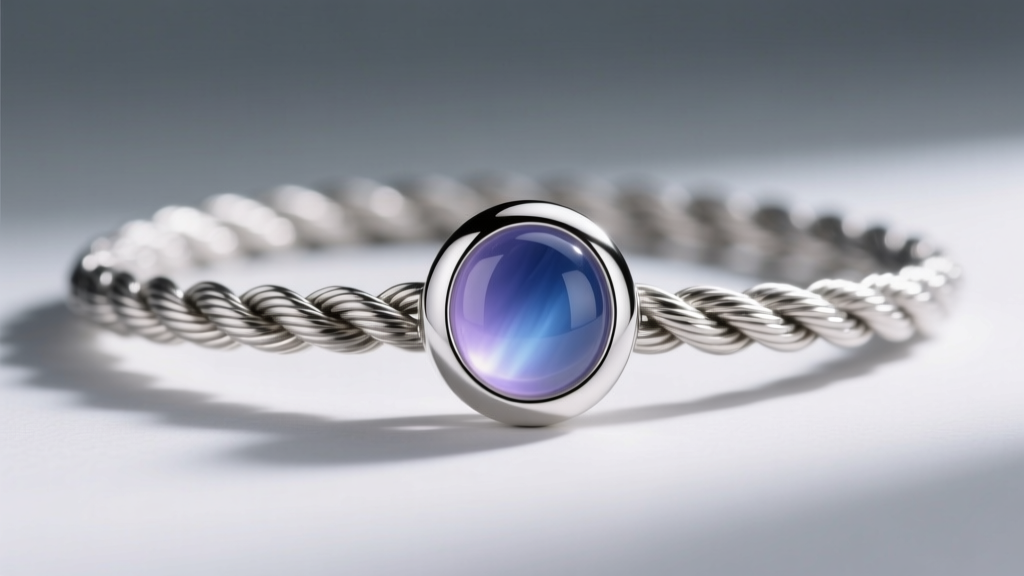 High-resolution side profile of a 316L surgical stainless steel rope chain connecting to a sterling silver mood stone bezel setting.