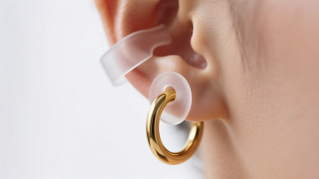 Clear silicone earring support patch applied to the back of an earlobe to prevent tearing from heavy two-inch gold hoop earrings