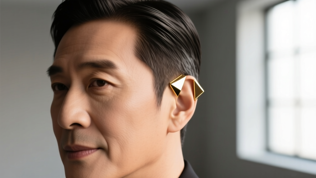 Front portrait of a man with swept-right hair, showing a single geometric 14k gold cuff on his exposed left ear upper cartilage.