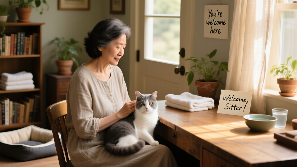 Person sitting at a desk while gently petting a relaxed cat