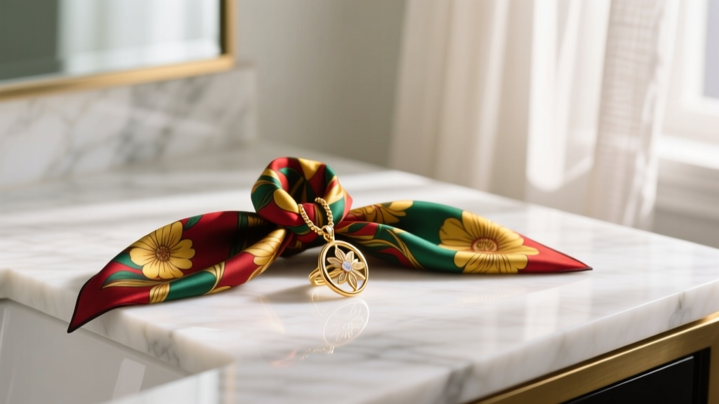 Gold vermeil scarf ring pendant holding a vibrant floral silk twill scarf, resting on a white marble vanity in soft morning light.