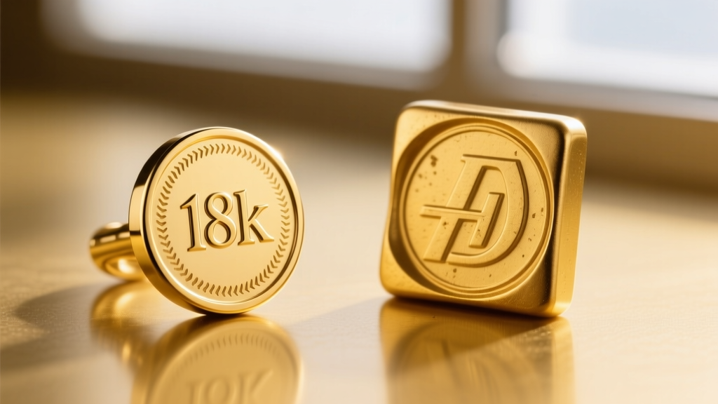Macro comparison of a crisp laser-etched 18k hallmark next to a blurry cast-in-place counterfeit gold stamp on polished yellow gold