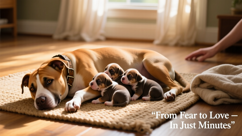 Luna lounging peacefully on a sunlit rug with her six puppies nestled around her, all calm and content