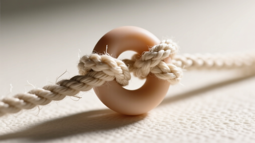 Macro shot of a medical-grade silicone teething bead showing a secure double knot on a thick cotton cord, highlighting safety gaps