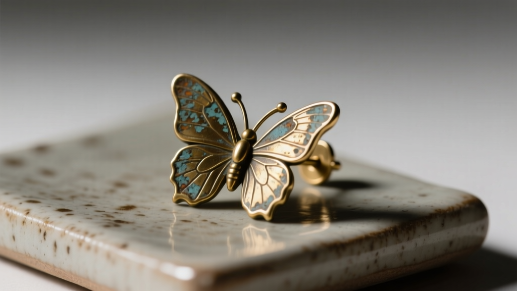 Macro photo of a tarnished brass butterfly earring back on textured ceramic tile, illuminated by harsh directional studio lighting.