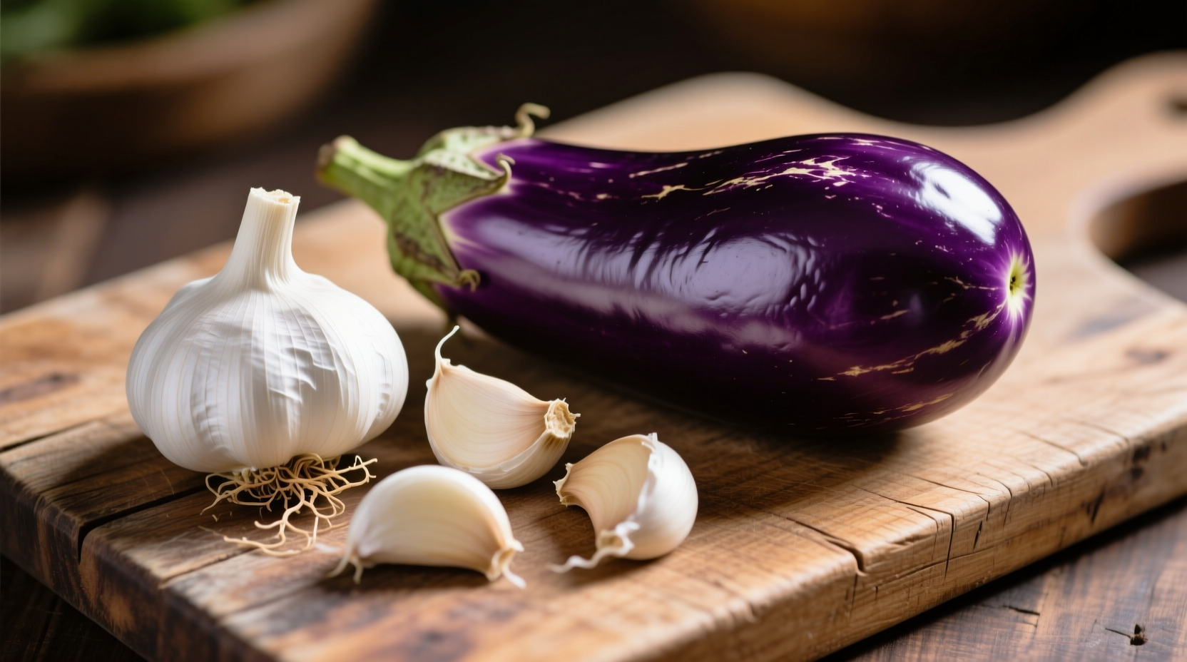 Fresh garlic cloves next to purple eggplant on wooden cutting board