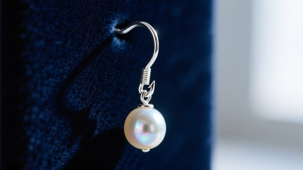 Macro shot of a 20-gauge sterling silver fishhook ear wire holding a lightweight pearl dangle earring on a dark velvet display