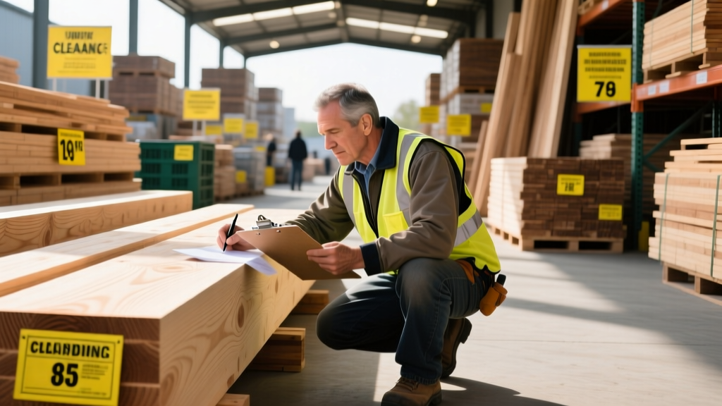 Contractor verifying lumber grading stamps and pricing manifests at a wholesale building supply yard during a seasonal clearance sale event