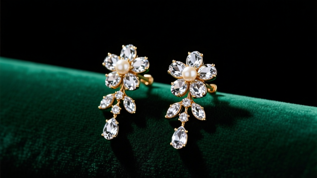 Vintage Marcel Boucher rhinestone floral clip-on earrings resting on dark emerald velvet under dramatic, moody studio lighting.