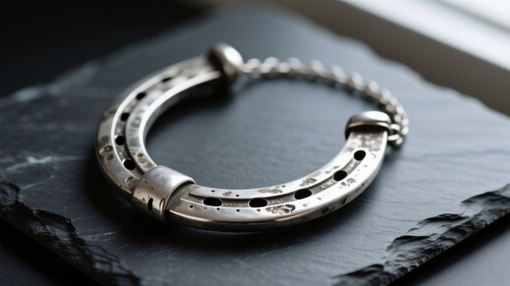Close-up of a tarnished sterling silver horseshoe necklace on dark slate, highlighting darkened crevices and textured nail holes.