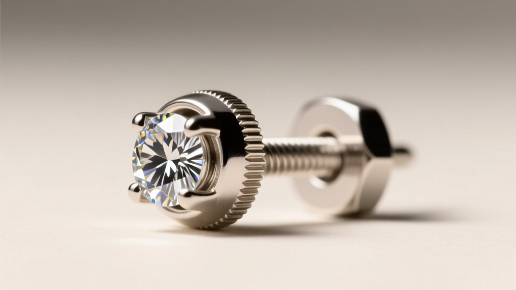 Macro shot of a platinum screw-back earring mechanism securing a diamond stud, highlighting the threaded post and locking nut