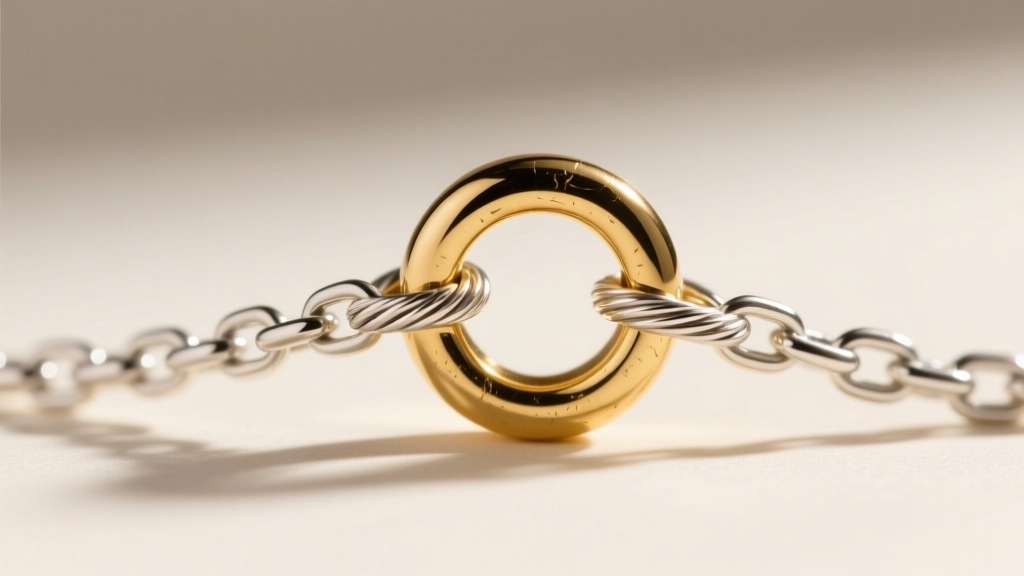 Macro shot of a 1.2mm sterling silver cable chain passing through a 4mm gold-filled pendant bail with a securely closed jump ring.