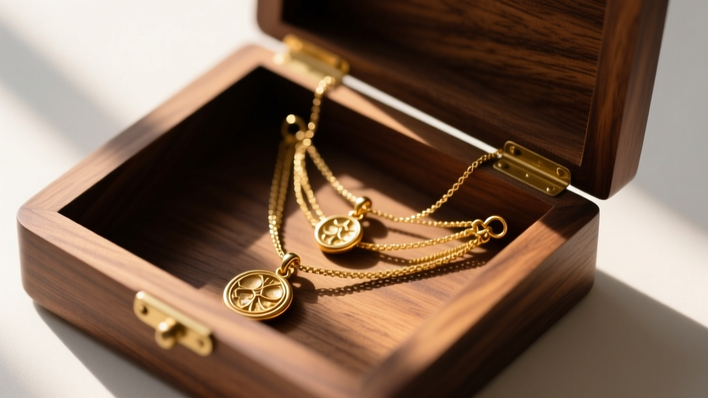 Open walnut wood jewelry box with brass hooks holding layered gold pendant necklaces, soft morning light, macro jewelry photography