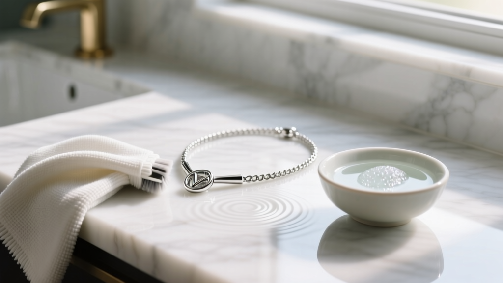 Microfiber cloth gently polishing a silver tennis necklace clasp over a marble vanity, beside a small bowl of mild soapy water.