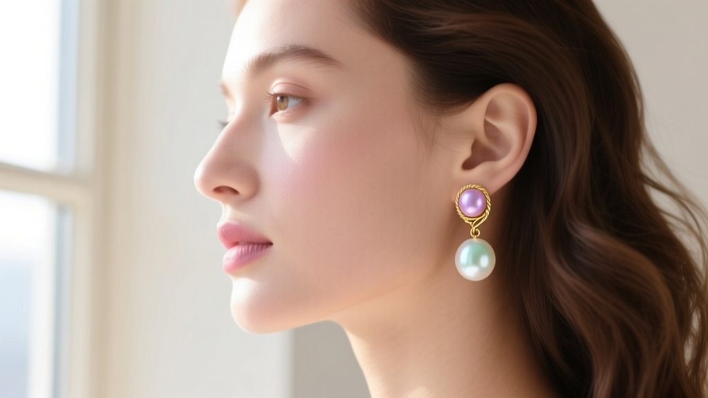 Side profile of a woman wearing 8mm white freshwater pearl drop earrings with 14k gold wire, highlighting soft pastel overtones