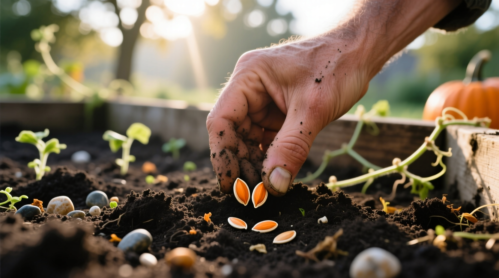 Hand planting pumpkin seeds in garden soil