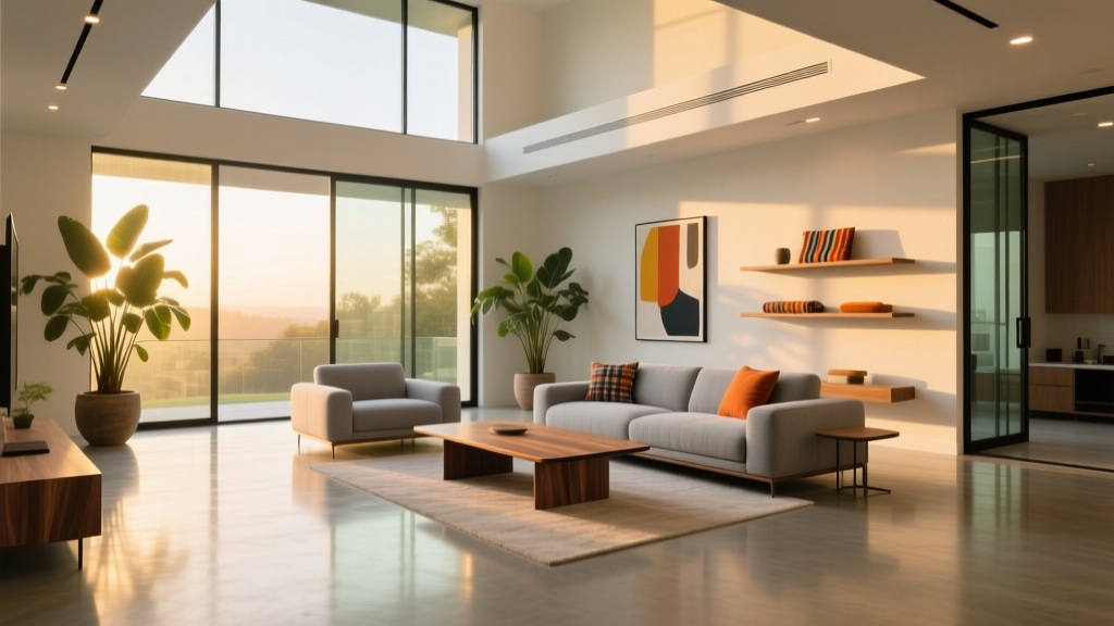 Modern open-plan living room with seamless polished concrete floors reflecting natural light from large floor-to-ceiling windows