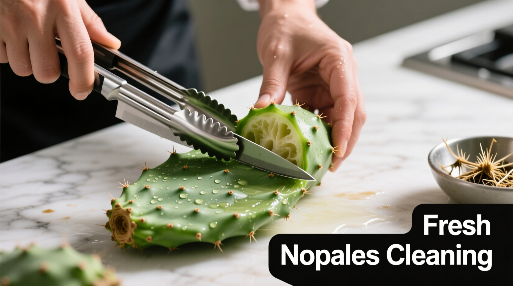 Fresh nopales being cleaned with tongs and knife