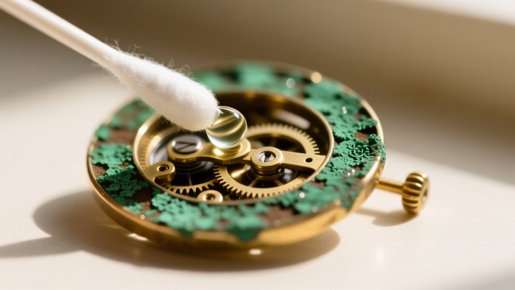 Close-up of a cotton swab applying mild vinegar to green verdigris corrosion on a vintage 1980s brass brooch pin mechanism