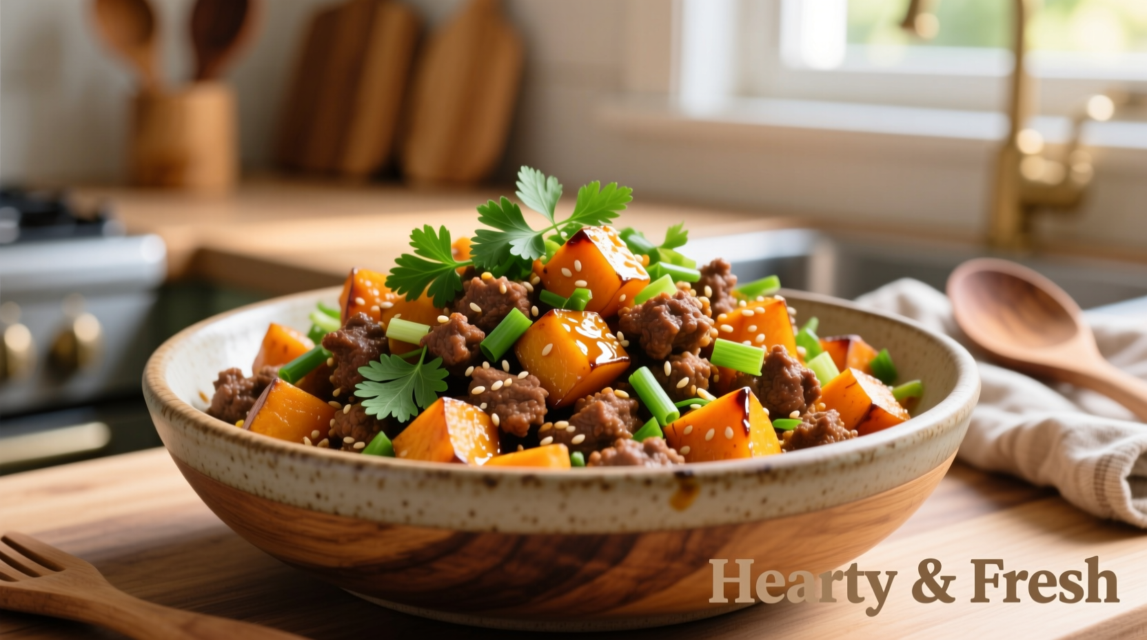 Ground beef sweet potato bowl with fresh herbs