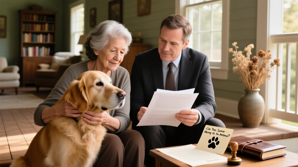 A person gently holding a senior dog while reviewing legal documents with an attorney