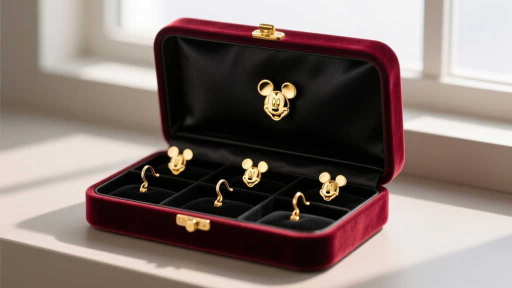 Open velvet jewelry box showing individual compartments holding gold Mickey Mouse drop earrings to prevent metal scratching.