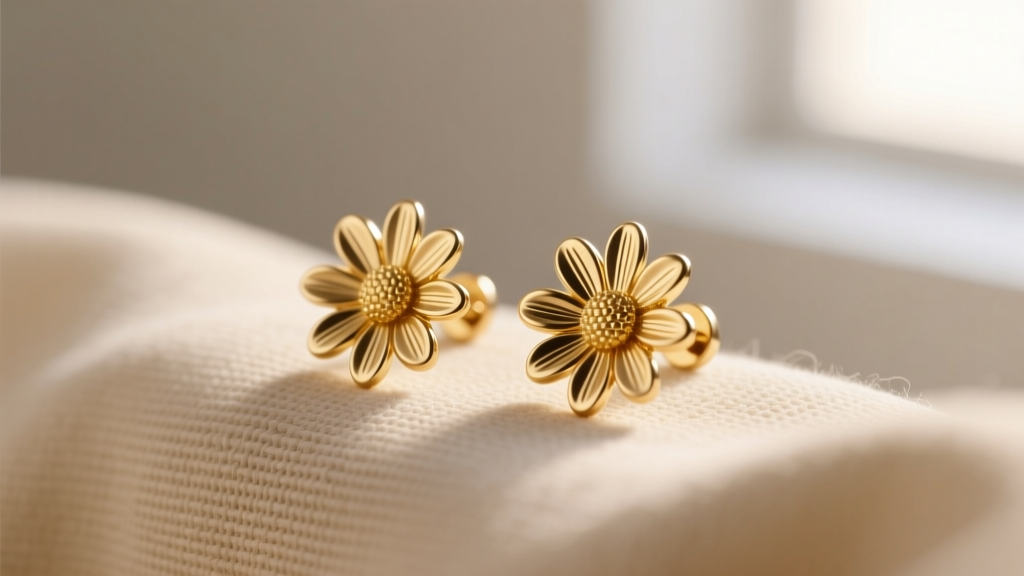 Macro shot of 25mm gold daisy stud earrings resting on beige linen, soft natural window light highlighting textured metal petals