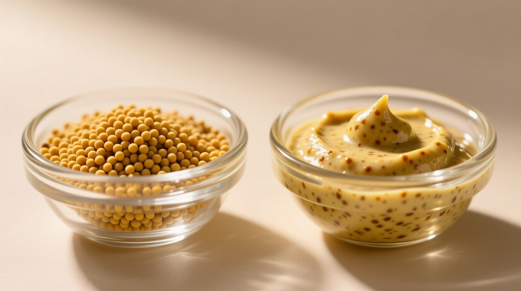 Mustard seeds and prepared mustard in glass bowls