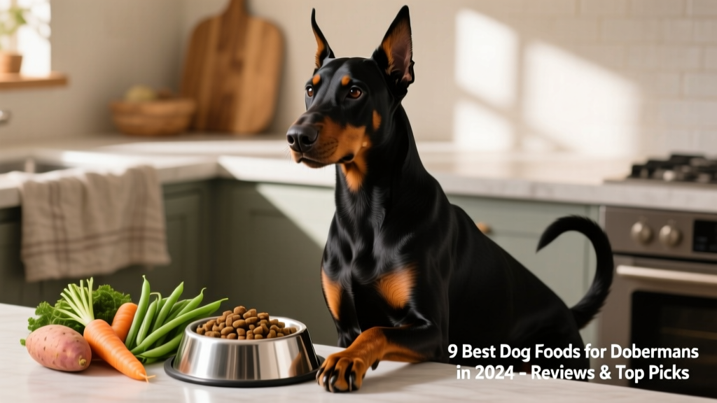 A sleek, healthy Doberman sitting beside a stainless steel bowl filled with high-quality kibble and fresh vegetables