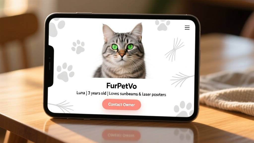 Screenshot-style image showing a clean, mobile-friendly FurPetVo profile page for a cat, with photo, bio, and 'Contact Owner' button