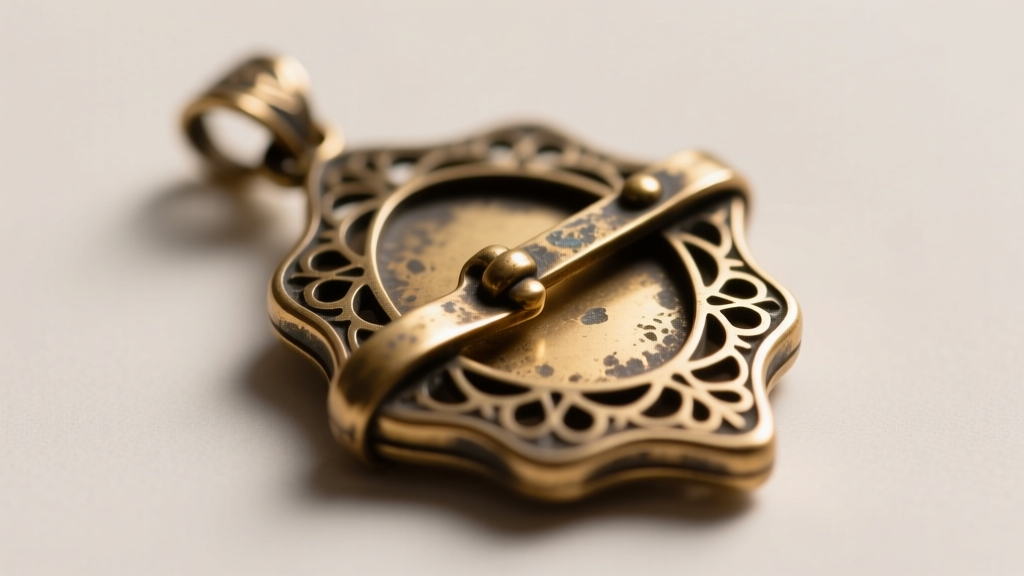 Macro photo of a die-stamped Victorian era jewelry pendant showing sharp edges, hollow build, and a simple original brass clasp