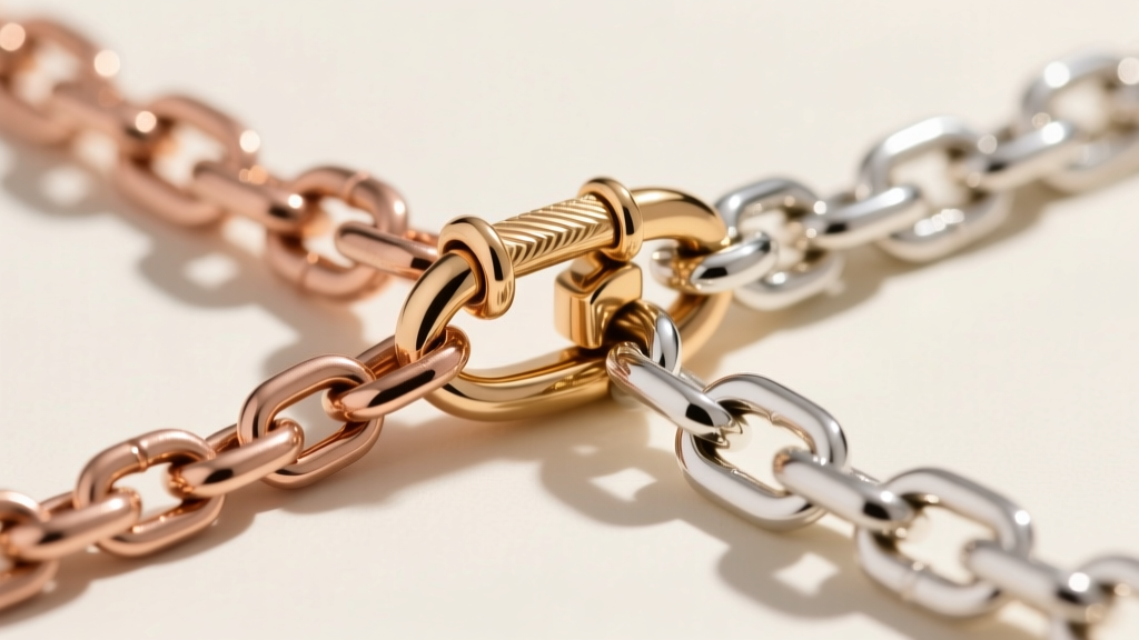 Macro shot of a mixed-metal lobster clasp connecting a matte 14k rose gold rolo chain to a high-polish white gold curb link.